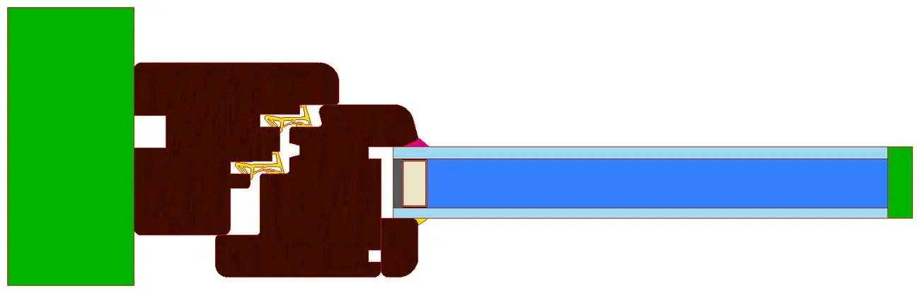 After auto fill with the "wood" system: wood, EPDM gaskets, sealants, glazing edge and glazing cavity set to Ug = 1.1 W/(m²K). The white areas stay as cavities, which the program detects by itself.