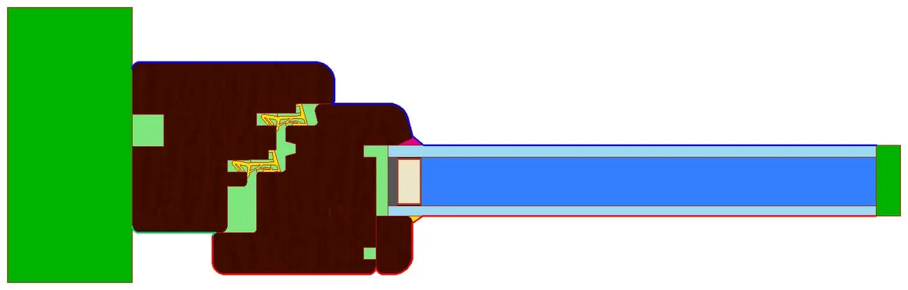 The junction after automatic assignment: external in blue, internal in red. The dark green areas at the ends are the adiabatic cuts, the light green ones the cavities detected automatically.