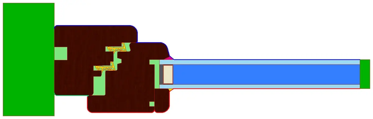Il nodo dopo l'assegnazione automatica: esterno in blu, interno in rosso. Le aree verde scuro alle estremità sono i tagli adiabatici, quelle verde chiaro le cavità rilevate in automatico.