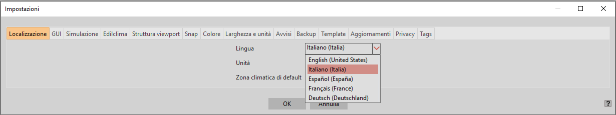 La scelta della lingua nelle impostazioni del programma.