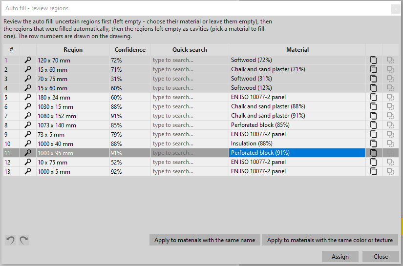 The review table: grey rows are below the confidence threshold and must be confirmed or corrected.