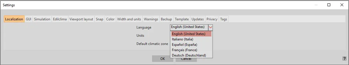 Language selection in the program settings.