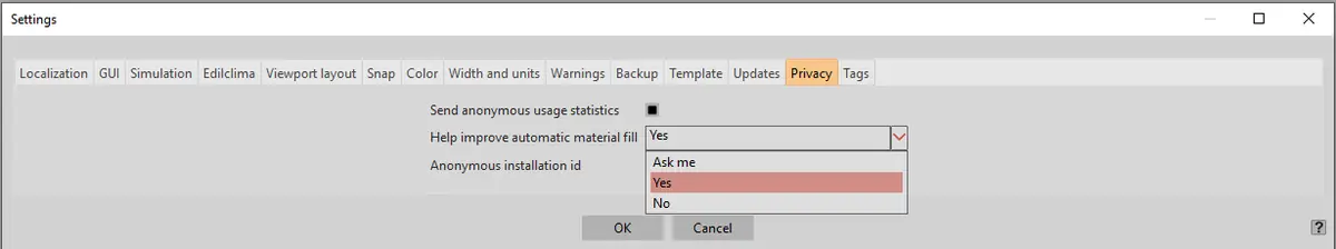 The Privacy tab in the program settings.