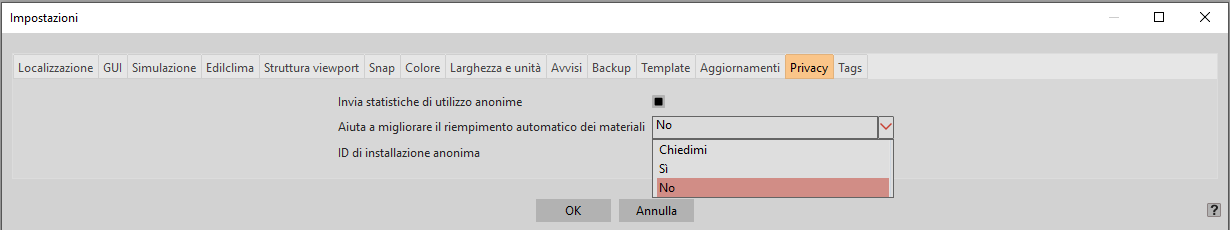La scheda Privacy nelle impostazioni del programma.
